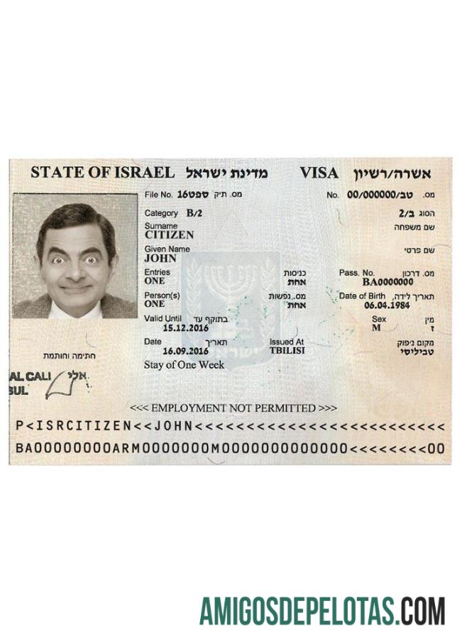 Visto de Turista ISRAEL Versão 3 exemplo real